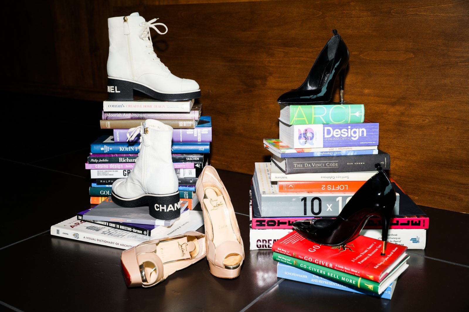 Celine's design reading picks and white chanel boots