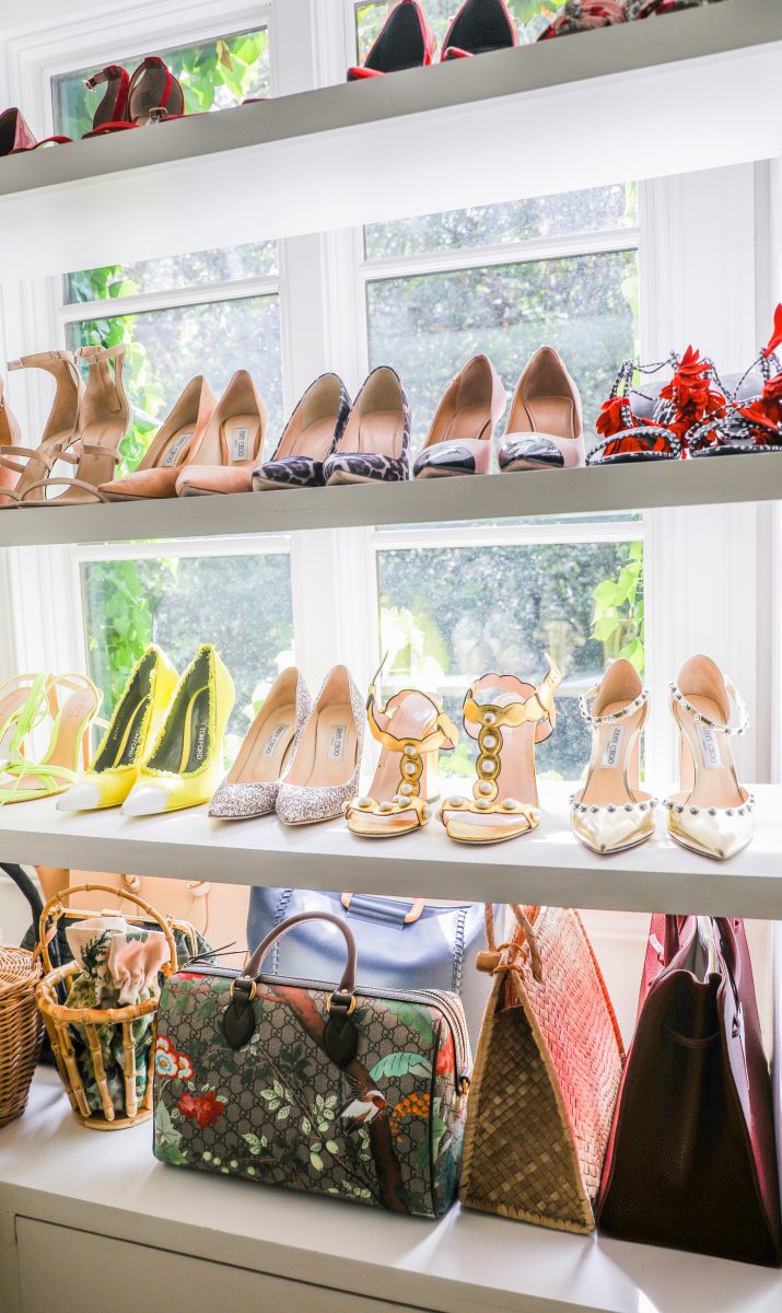 Side view of vintage shoes and choice style handbags